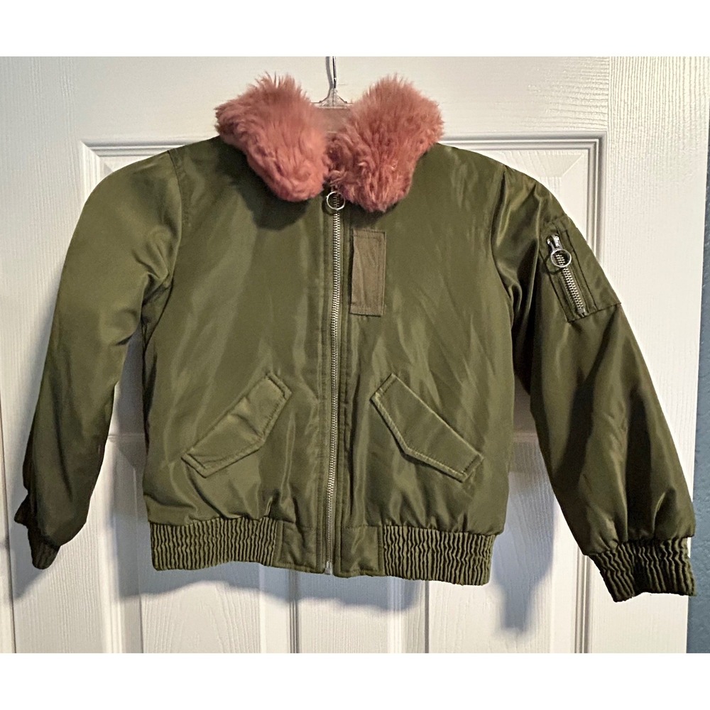 Zara Girls Olive Green Bomber Jacket Pink Faux‎ Fur Collar Kids Size 6